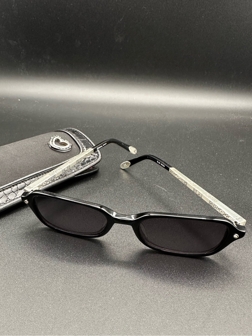 Brighton Blue Moon Sunglasses & Case – Black Frame, Silver Scrolled Arms, EUC